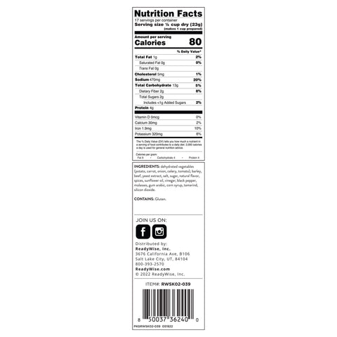 Vegetable Beef & Barley Soup Mix - 17 Servings per Pouch  ReadyWise   