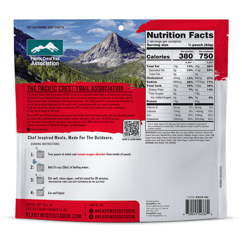 Freeze Dried Camping Meal supported by the Pacific Crest Trail Association, showcasing tender marinated beef with kimchi fried rice