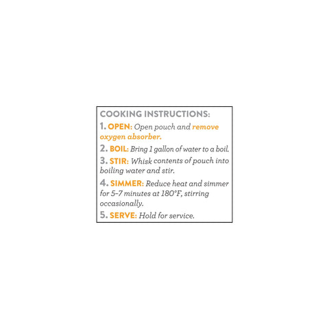 Broccoli cheese soup cooking instructions list with steps for open, boil, stir, simmer, and serve.