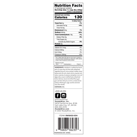 Broccoli cheese soup nutrition facts and ingredients label, ReadyWise, 17 servings per container