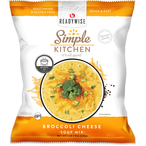 ReadyWise Simple Kitchen broccoli cheese soup mix package with soup bowl image on front