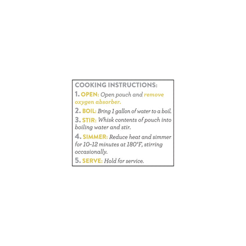 Chicken and rice cooking instructions chart with steps to open, boil, stir, simmer, and serve.