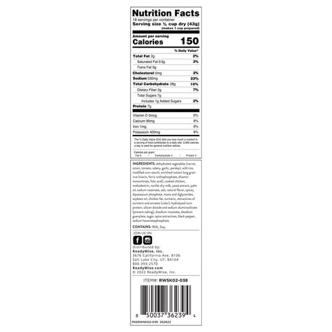 Chicken and rice nutrition facts label with ingredients, calories, and barcode