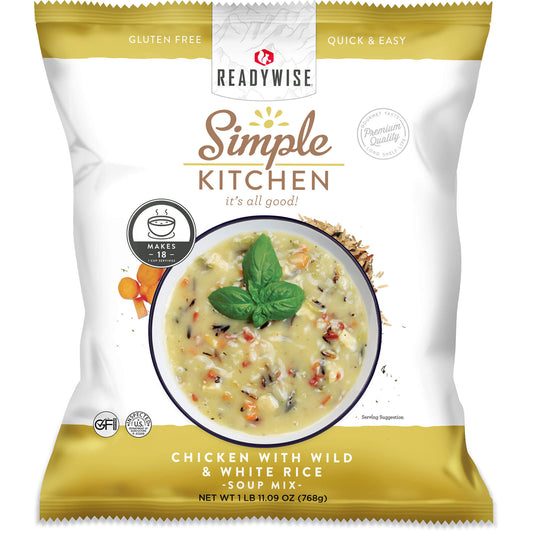 ReadyWise Simple Kitchen chicken with wild and white rice soup mix packaging