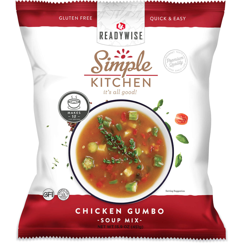 ReadyWise Simple Kitchen Chicken Gumbo soup mix gluten free pouch with gumbo bowl image