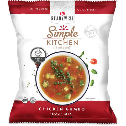 ReadyWise Simple Kitchen Chicken Gumbo soup mix gluten free pouch with gumbo bowl image