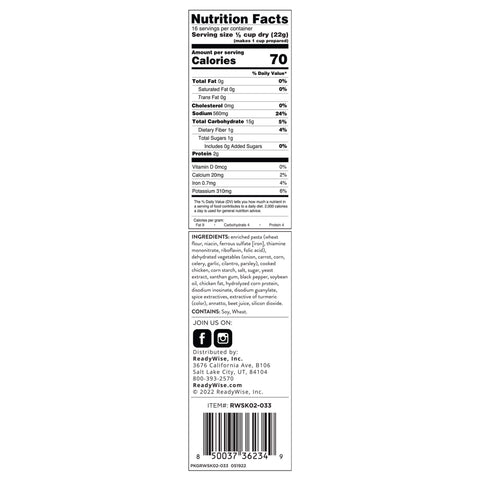 Chicken noodle soup nutrition facts and ingredients label with barcode and ReadyWise branding