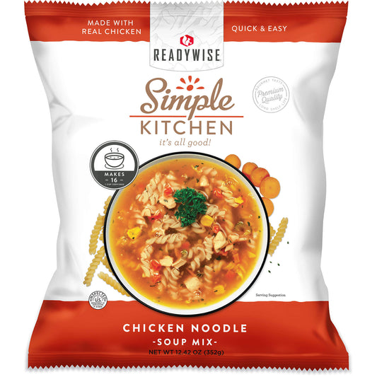 ReadyWise Simple Kitchen chicken noodle soup mix package with soup bowl and vegetables