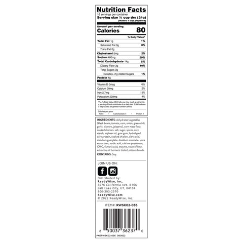 Chicken tortilla nutritional facts and ingredients label, ReadyWise freeze-dried soup mix.