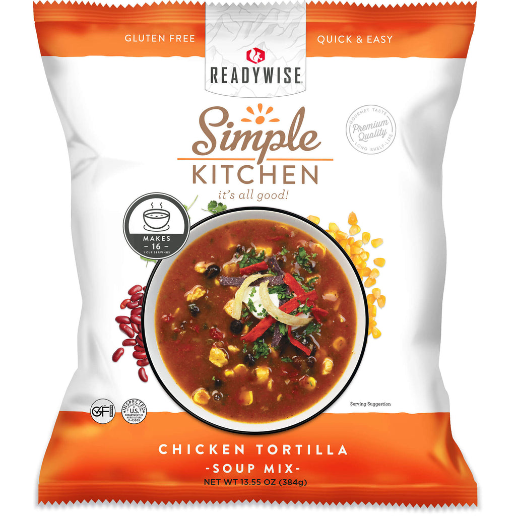 ReadyWise Simple Kitchen Chicken Tortilla Soup Mix gluten free packaging with soup image