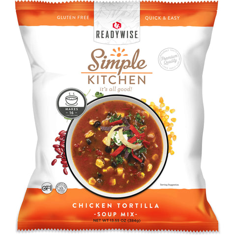 ReadyWise Simple Kitchen Chicken Tortilla Soup Mix gluten free packaging with soup image