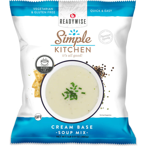 ReadyWise Simple Kitchen cream base soup mix package with bowl of soup and crackers
