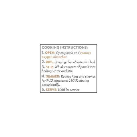 French onion soup cooking instructions with steps for opening, boiling, stirring, simmering, and serving.