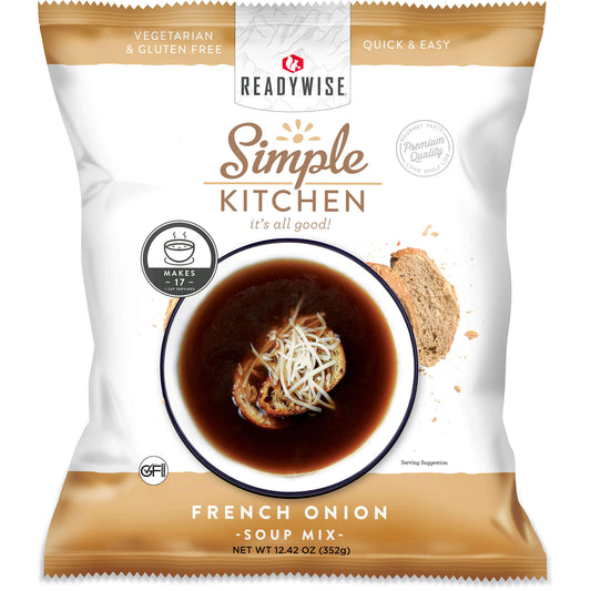 ReadyWise Simple Kitchen French Onion Soup Mix packaging with soup bowl and bread slice