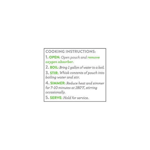Garden vegetable pouch cooking instructions with five preparation steps in black and green text.