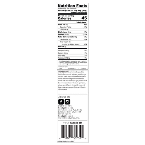 Garden vegetable nut mix nutrition facts and ingredients label, ReadyWise freeze-dried food package
