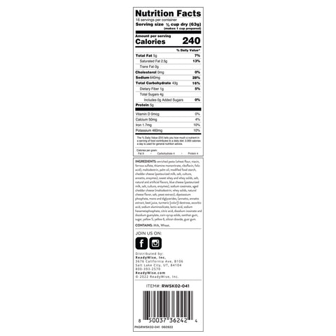 Nutrition facts and ingredients label for macaroni and cheese product