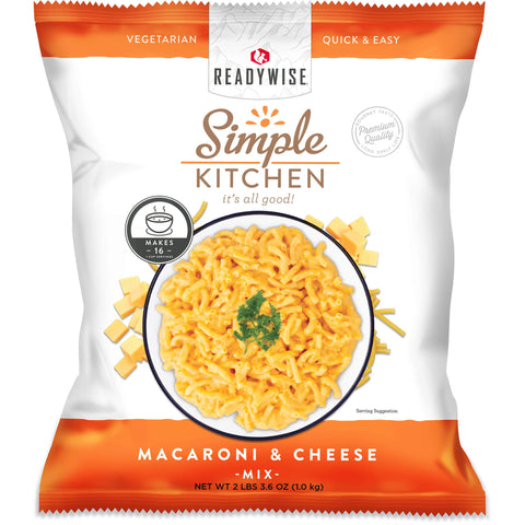 ReadyWise Simple Kitchen macaroni and cheese mix package, vegetarian, quick and easy
