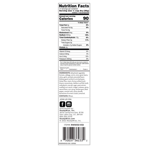 Minestrone soup nutrition facts and ingredients label with barcode from ReadyWise