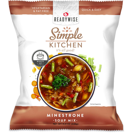 ReadyWise Simple Kitchen Minestrone Soup Mix packaging with colorful vegetable soup bowl