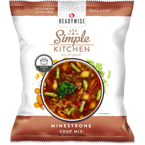 ReadyWise Simple Kitchen Minestrone Soup Mix packaging with colorful vegetable soup bowl