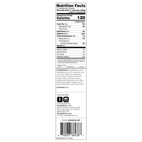 Mushroom soup nutrition facts and ingredients label with barcode and company info